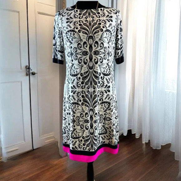 Eliza J Black & White Damask Pattern Dress with Pink Trim, Size 8 Short Sleeve S - Picture 2 of 7